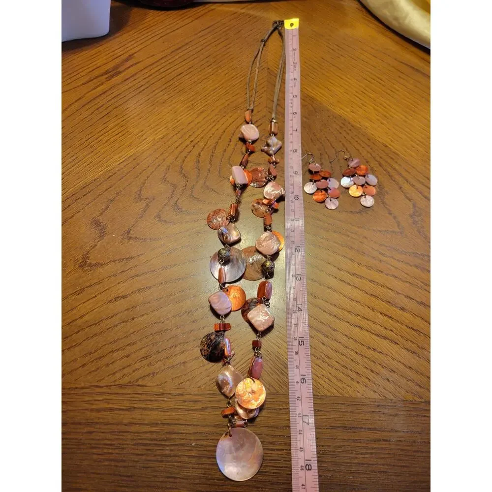 Boho‎ Capiz Shell Necklace Earrings Set Copper Peach Pink Disc Beaded 18